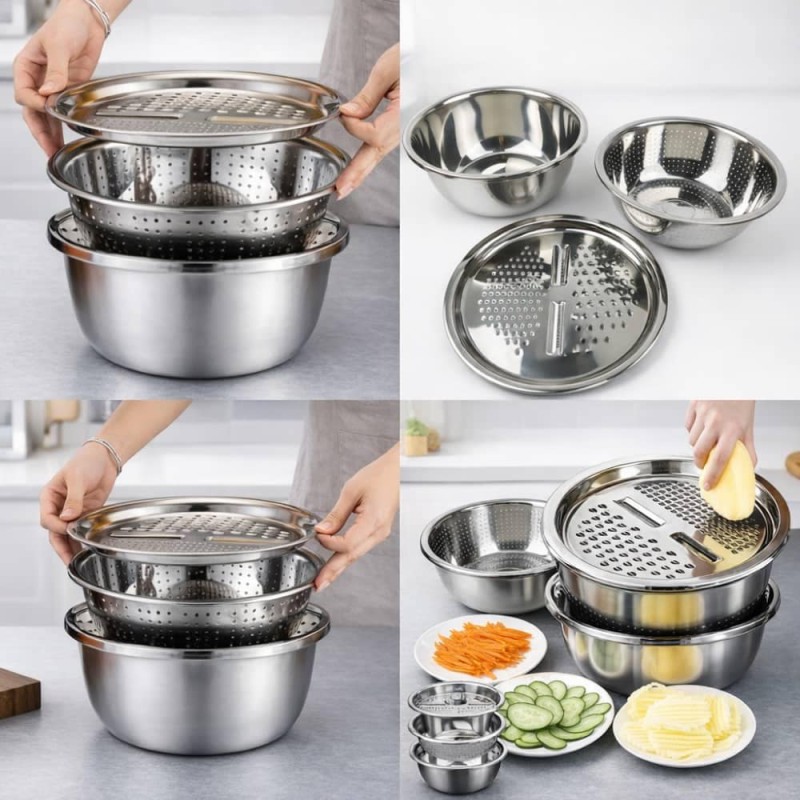 Stainless Steel 3-in-1 Vegetable Grater Basin – Multi Functional Drain & Slicer Bowl (26cm)