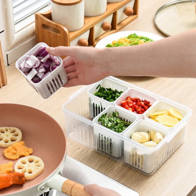 Refrigerator Storage Box 6 Grid – Clear Fridge Organizer for Vegetables, Fruits, Meat, Onion, Ginger & More | Drain Basket Crisper