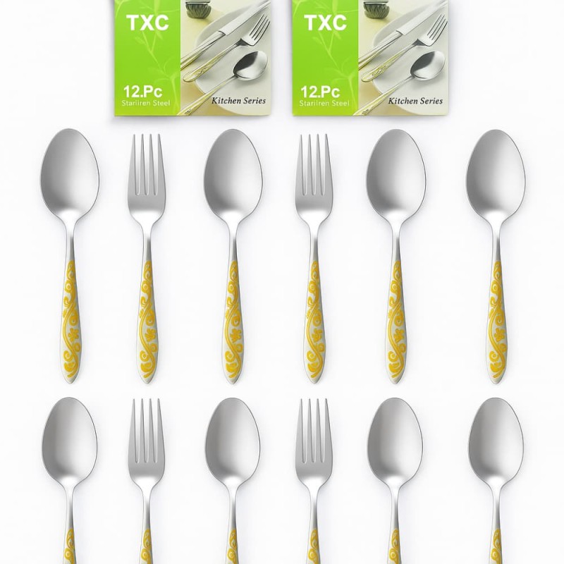 TXC Stainless Steel Spoon & Fork Set – Gold Design 12pcs