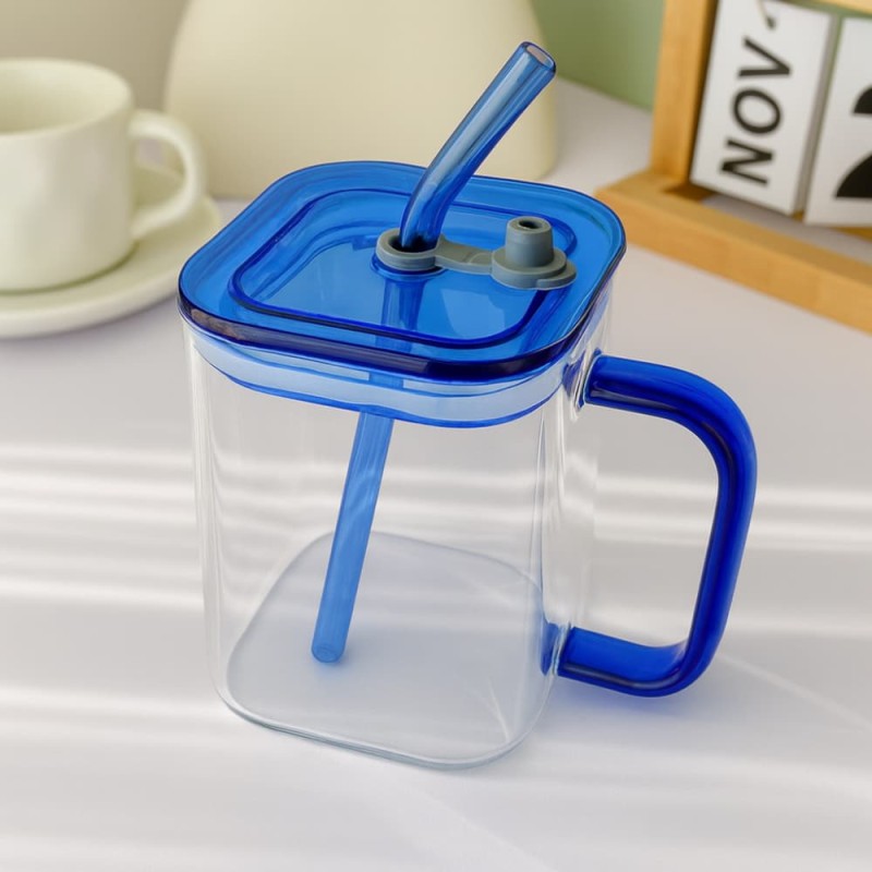 Premium 490ml Borosilicate Glass Cup with Lid & Straw