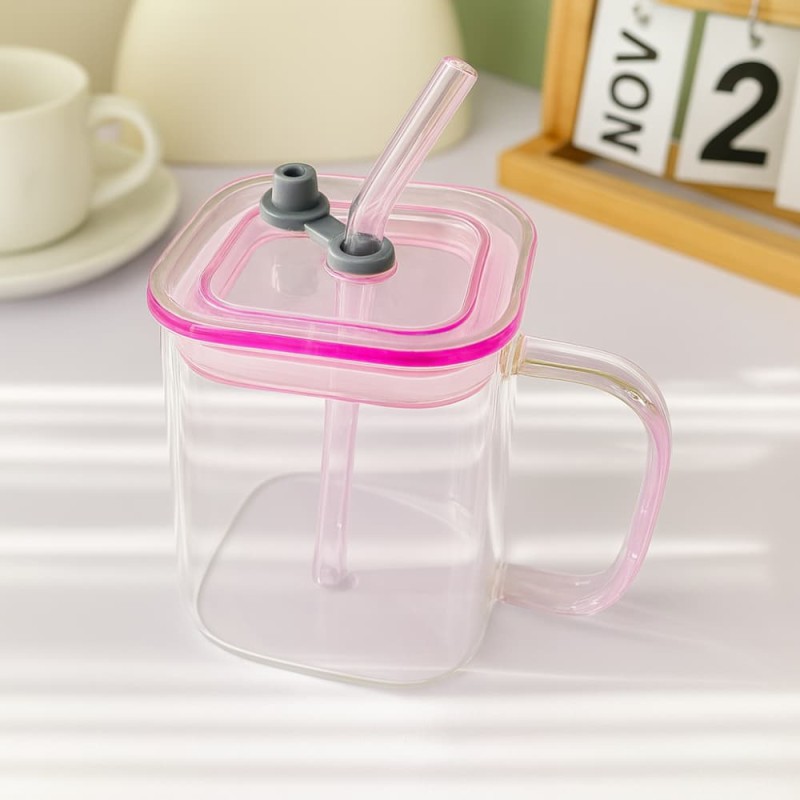 Premium 490ml Borosilicate Glass Cup with Lid & Straw