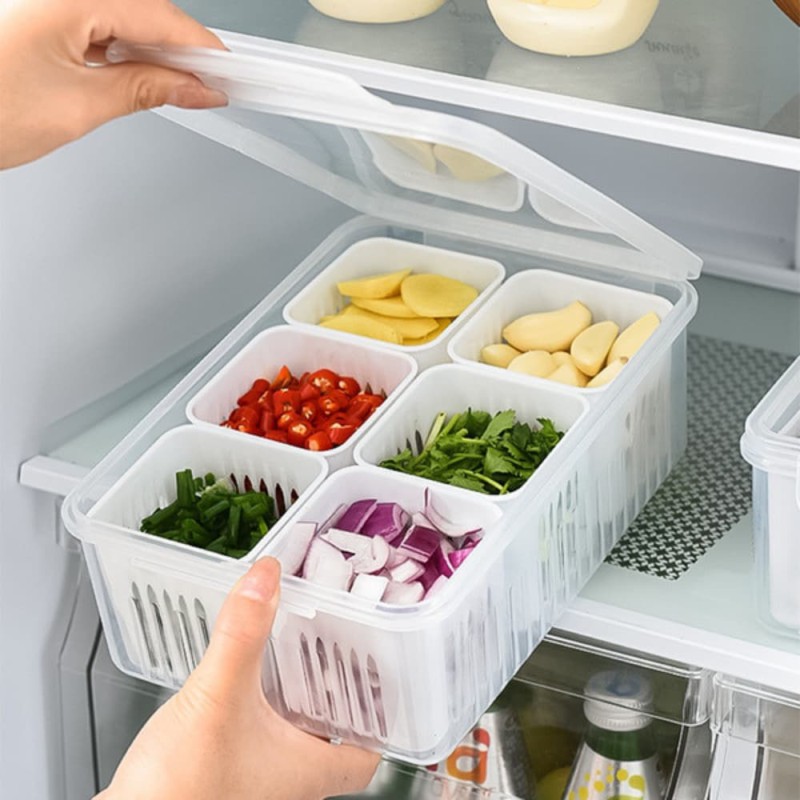 Refrigerator Storage Box 6 Grid – Clear Fridge Organizer for Vegetables, Fruits, Meat, Onion, Ginger & More | Drain Basket Crisper
