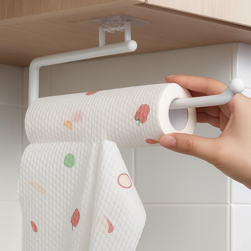 Punch-Free Kitchen Tissue & Paper Roll Holder – Cabinet Storage Rack Organizer