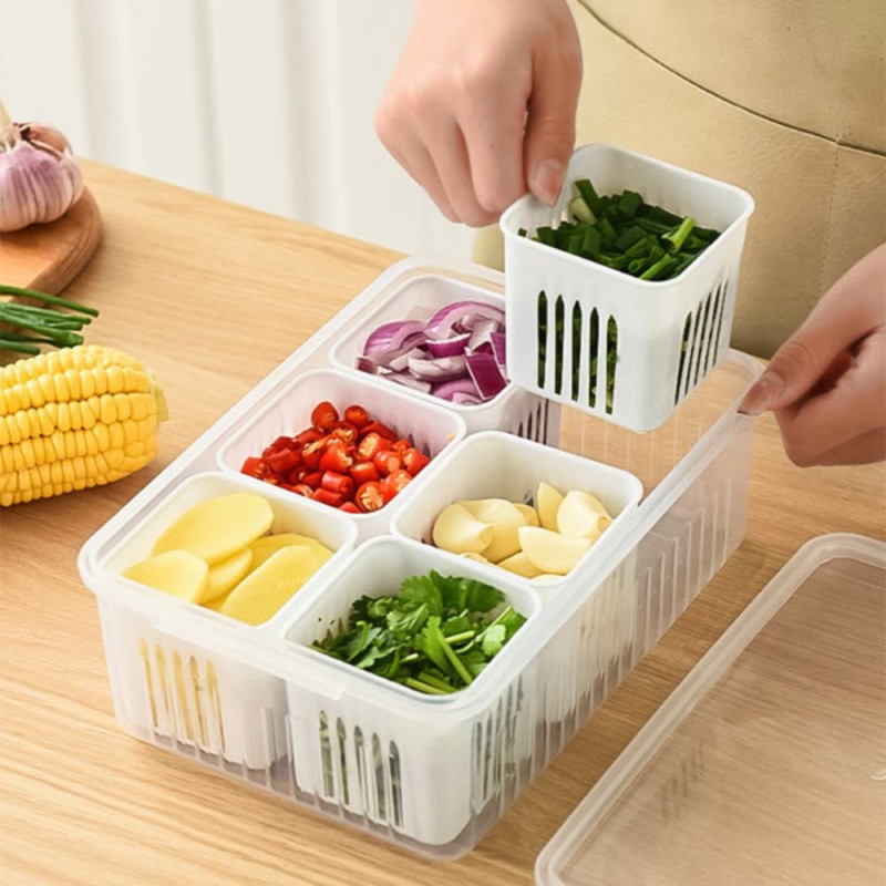 Refrigerator Storage Box 6 Grid – Clear Fridge Organizer for Vegetables, Fruits, Meat, Onion, Ginger & More | Drain Basket Crisper