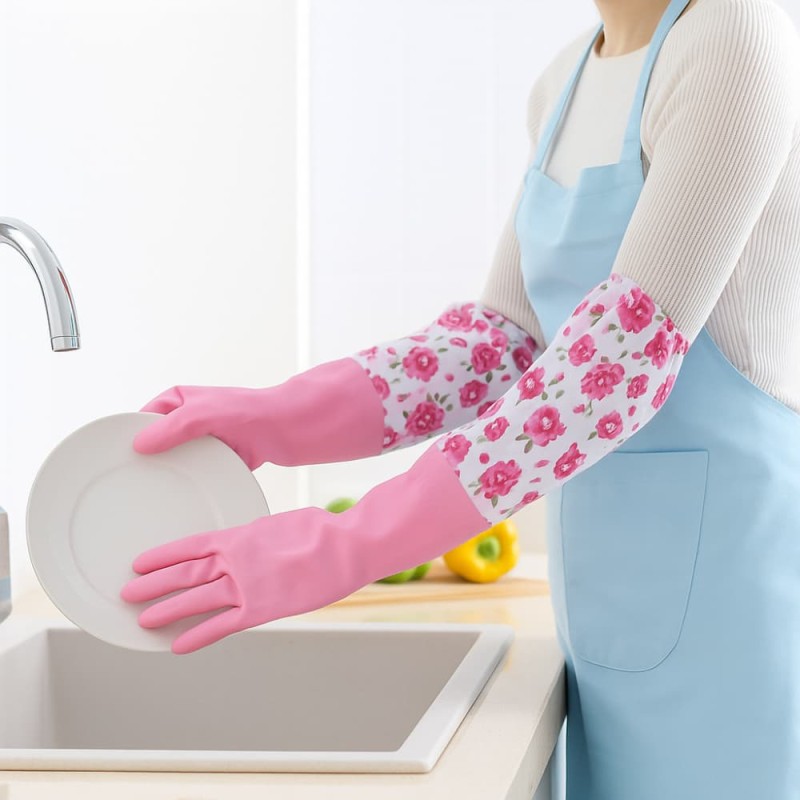 Long Rubber Kitchen Washing Gloves with Drawstring – Household Cleaning Gloves