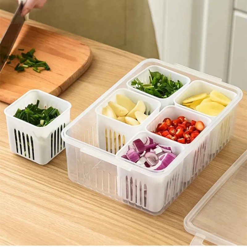 Refrigerator Storage Box 6 Grid – Clear Fridge Organizer for Vegetables, Fruits, Meat, Onion, Ginger & More | Drain Basket Crisper