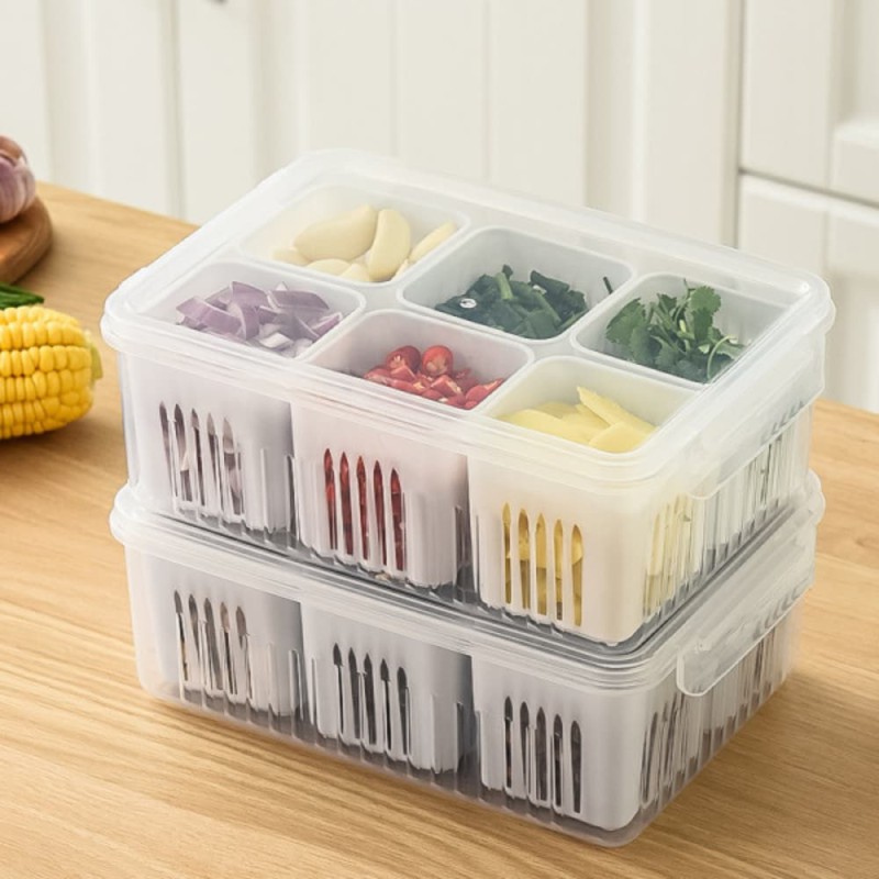 Refrigerator Storage Box 6 Grid – Clear Fridge Organizer for Vegetables, Fruits, Meat, Onion, Ginger & More | Drain Basket Crisper