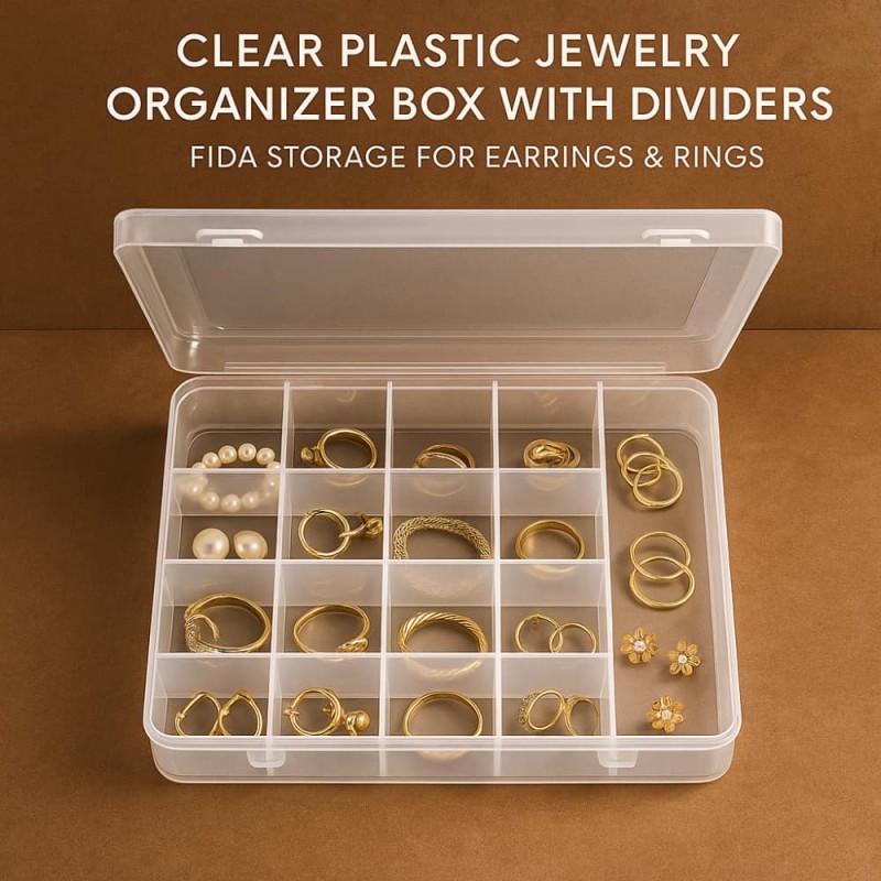 Clear Plastic Jewelry Organizer Box with Dividers – Fida Storage for Earrings & Rings