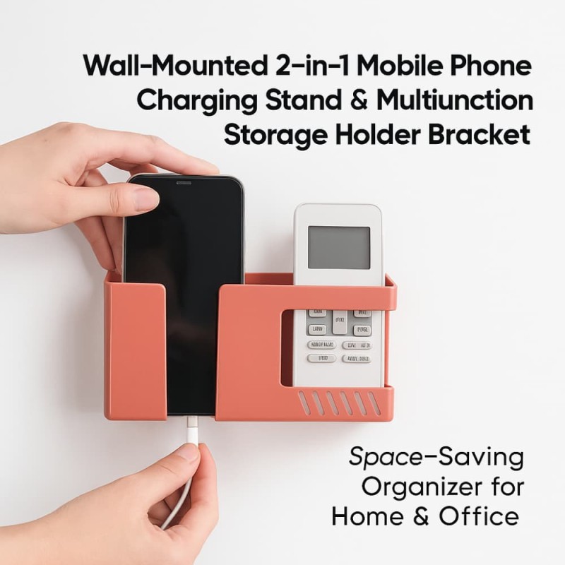 Wall-Mounted 2-in-1 Mobile Phone Charging Stand & Multifunction Storage Holder Bracket – Space-Saving Organizer for Home & Office