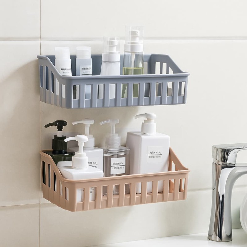 Wall Mounted Bathroom & Kitchen Storage Rack – Punch Free Shelf Organizer Basket