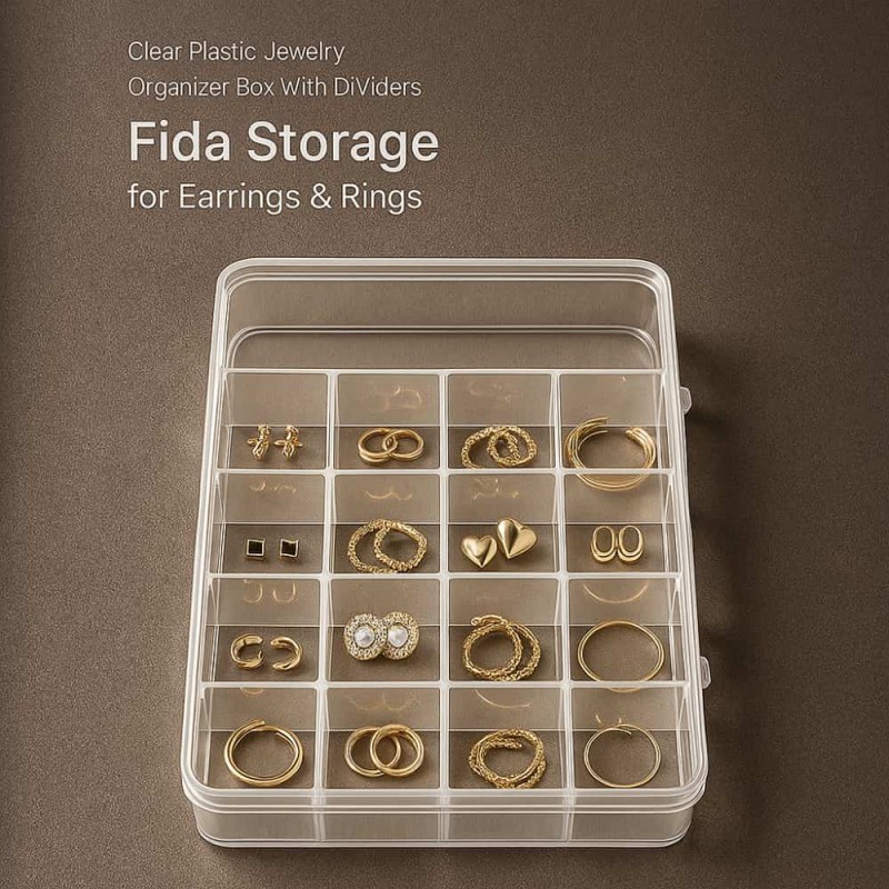 Clear Plastic Jewelry Organizer Box with Dividers – Fida Storage for Earrings & Rings