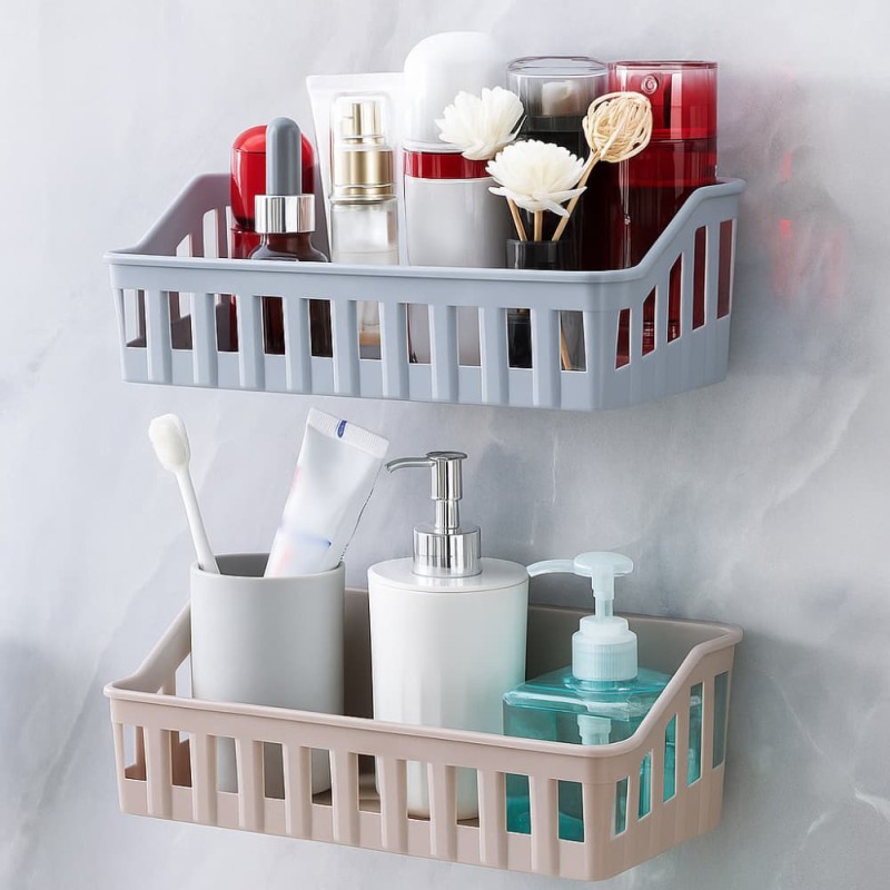 Wall Mounted Bathroom & Kitchen Storage Rack – Punch Free Shelf Organizer Basket