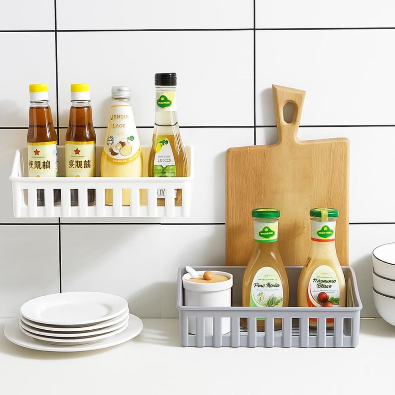 Wall Mounted Bathroom & Kitchen Storage Rack – Punch Free Shelf Organizer Basket