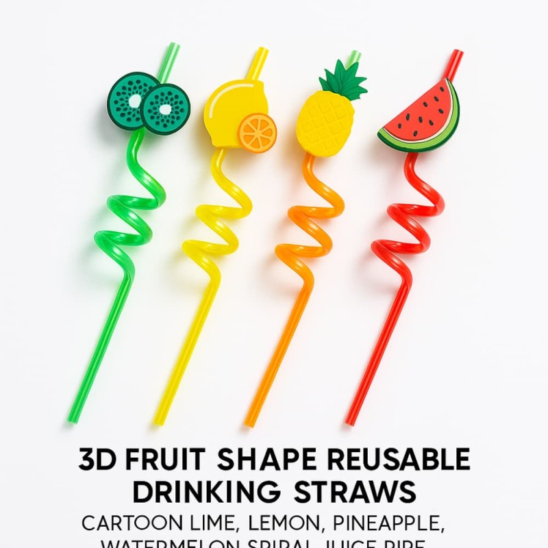 3D Fruit Shape Reusable Drinking Straws – Cartoon Lime, Lemon, Pineapple, Watermelon Spiral Juice Pipe