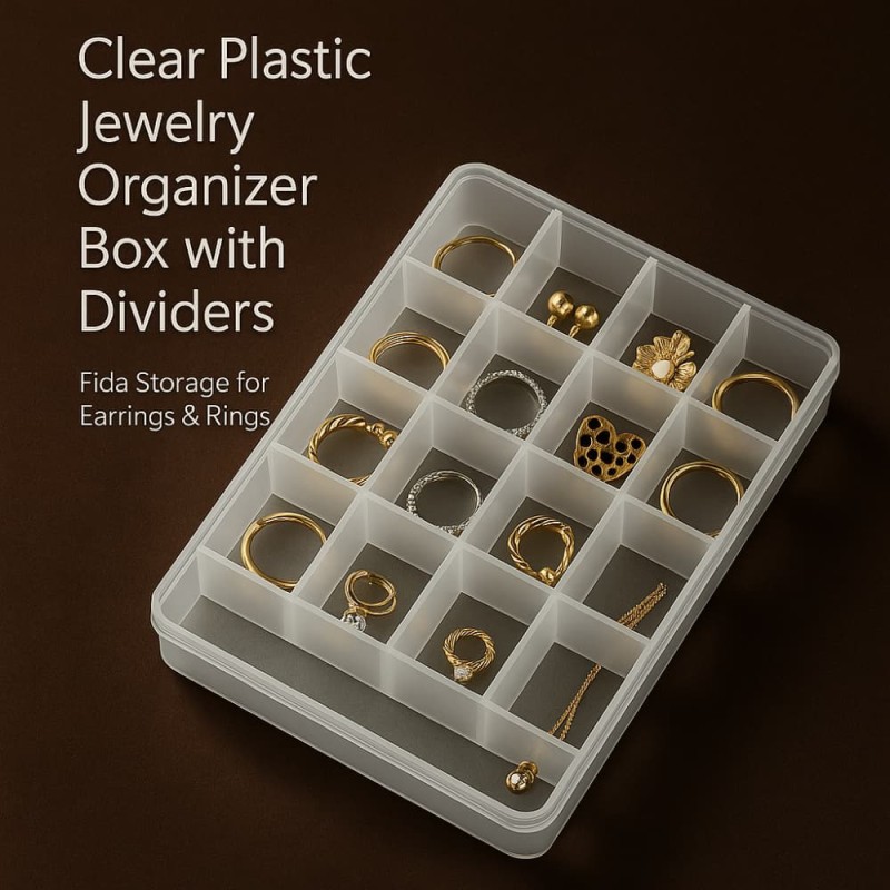 Clear Plastic Jewelry Organizer Box with Dividers – Fida Storage for Earrings & Rings